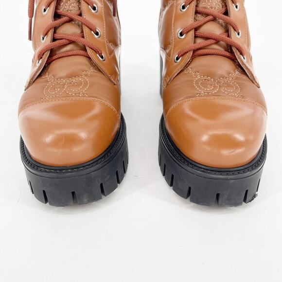 Gucci Cognac Brown Leather Quilted GG Logo Combat Moto Ankle Boot size EU 39.5 - Picture 7 of 15
